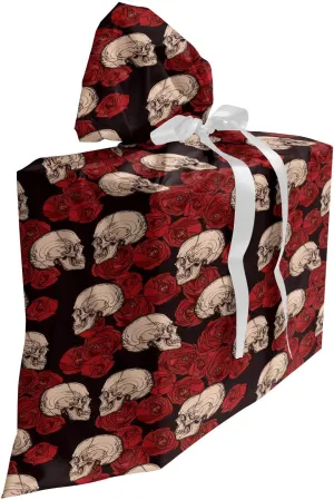Lunarable Gothic Gift Bag, Demonstration of Skulls and Flourishing Rose Silhouettes Dark Theme, Fabric Party Favor Pouch with 3 Ribbons, 27, Dark Grey and Multicolor