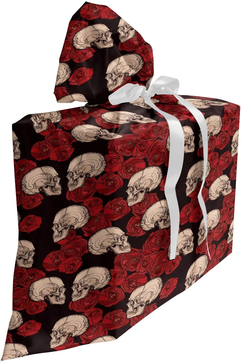 Lunarable Gothic Gift Bag, Demonstration of Skulls and Flourishing Rose Silhouettes Dark Theme, Fabric Party Favor Pouch with 3 Ribbons, 27, Dark Grey and Multicolor