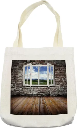 Lunarable Grunge Tote Bag, Open Window in Old Grunge Room Spring Meadow Brick Wall Hardwood Floor, Cloth Linen Reusable Bag for Shopping Books Beach and More, 16.5" X 14", Cream