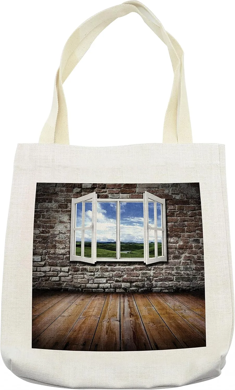 Lunarable Grunge Tote Bag, Open Window in Old Grunge Room Spring Meadow Brick Wall Hardwood Floor, Cloth Linen Reusable Bag for Shopping Books Beach and More, 16.5" X 14", Cream