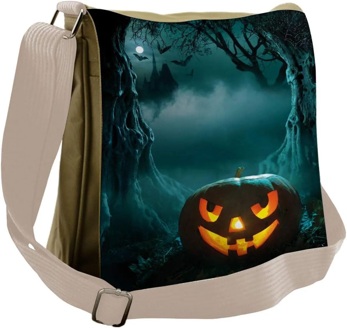 Lunarable Halloween Messenger Bag, Carved Pumpkin in Forest, Unisex Cross-body
