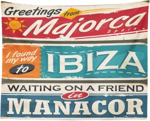Lunarable Ibiza Tapestry, Vacation Themed Majorca Ibiza and Manacor Exotic Places from Balear Region Spain, Fabric Wall Hanging Decor for Bedroom Living Room Dorm, 28" X 23", Multicolor