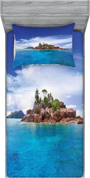 Lunarable Island Fitted Sheet & Pillow Sham Set, Island at Seychelles Coconut Journey Jungle Rocky Coast Waves Surface Print, Decorative Printed 2 Piece Bedding Decor Set, Twinxl, Blue Caramel Green