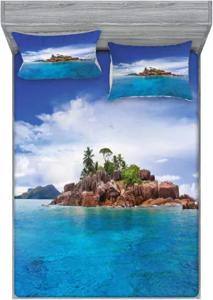 Lunarable Island Fitted Sheet & Pillow Sham Set, Island at Seychelles Coconut Journey Jungle Rocky Coast Waves Surface Print, Decorative Printed 3 Piece Bedding Decor Set, King, Blue Caramel Green