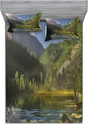Lunarable Landscape Fitted Sheet & Pillow Sham Set, Mountain Lake West Siberia Altai Mountains Katun Ridge Alpine Forest Morning View, Decorative Printed 3 Piece Bedding Decor Set, Calking, Green Blue