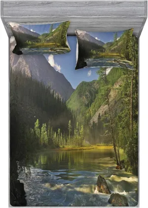Lunarable Landscape Fitted Sheet & Pillow Sham Set, Mountain Lake West Siberia Altai Mountains Katun Ridge Alpine Forest Morning View, Decorative Printed 3 Piece Bedding Decor Set, Full, Green Blue