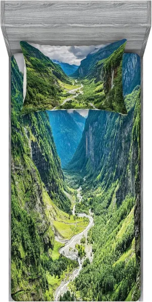 Lunarable Landscape Fitted Sheet & Pillow Sham Set, Valley Mountain Tree Mist Waterfall Canyon Alpine Landscape Nature Theme, Decorative Printed 2 Piece Bedding Decor Set, Twinxl, Green Blue White