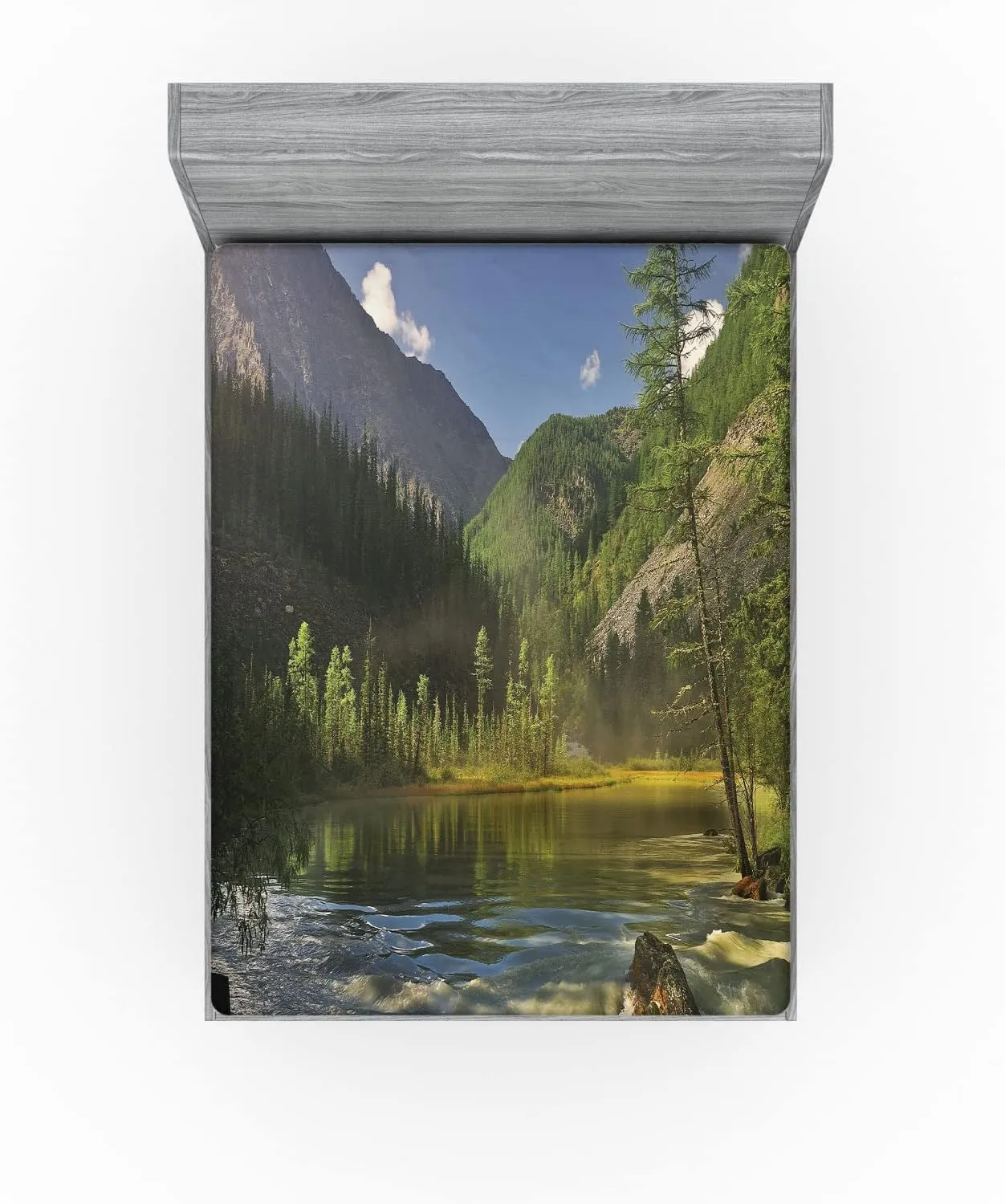 Lunarable Landscape Fitted Sheet, Mountain Lake West Siberia Altai Mountains Katun Ridge Alpine Forest Morning View, Comfy Bed Cover with All-Round Elastic Deep Pocket, California King, Green Blue