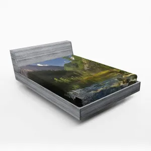 Lunarable Landscape Fitted Sheet, Mountain Lake West Siberia Altai Mountains Katun Ridge Alpine Forest Morning View, Comfy Bed Cover with All-Round Elastic Deep Pocket, California King, Green Blue