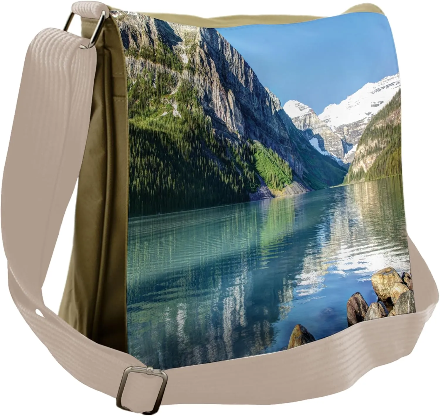 Lunarable Landscape Messenger Bag, Lakeside Scenic Rocks, Unisex Cross-body