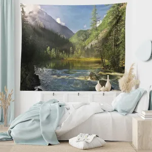 Lunarable Landscape Tapestry Twin Size, Mountain Lake West Siberia Altai Mountains Katun Ridge Alpine Forest Morning View, Wall Hanging Bedspread Bed Cover Wall Decor, Twin Size, Green Blue