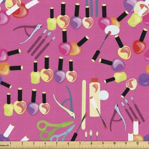 Lunarable Makeup Fabric by The Yard, Beauty Cosmetic Products with Nail Polish Manicure Set Care for Hands Feminine Theme, Decorative Fabric for Upholstery and Home Accents, 3 Yards, Pink Violet