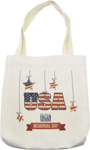 Lunarable Memorial Day Tote Bag, USA Tribute to Fallen Flag Like Stars America, Cloth Linen Reusable Bag for Shopping Books Beach and More, 16.5" X 14", Cream
