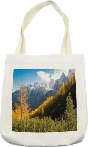 Lunarable National Parks Tote Bag, Panorama of the Mountain Rage Valley Ice Peaks Hills Beech Trees Balkans, Cloth Linen Reusable Bag for Shopping Books Beach and More, 16.5" X 14", Cream