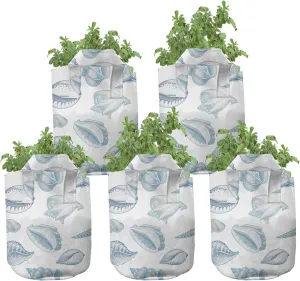 Lunarable Nautical Grow Bags 5-Pack, Soft Toned Marine Animals, Heavyduty Fabric Pots with Handles for Plants, Blue White