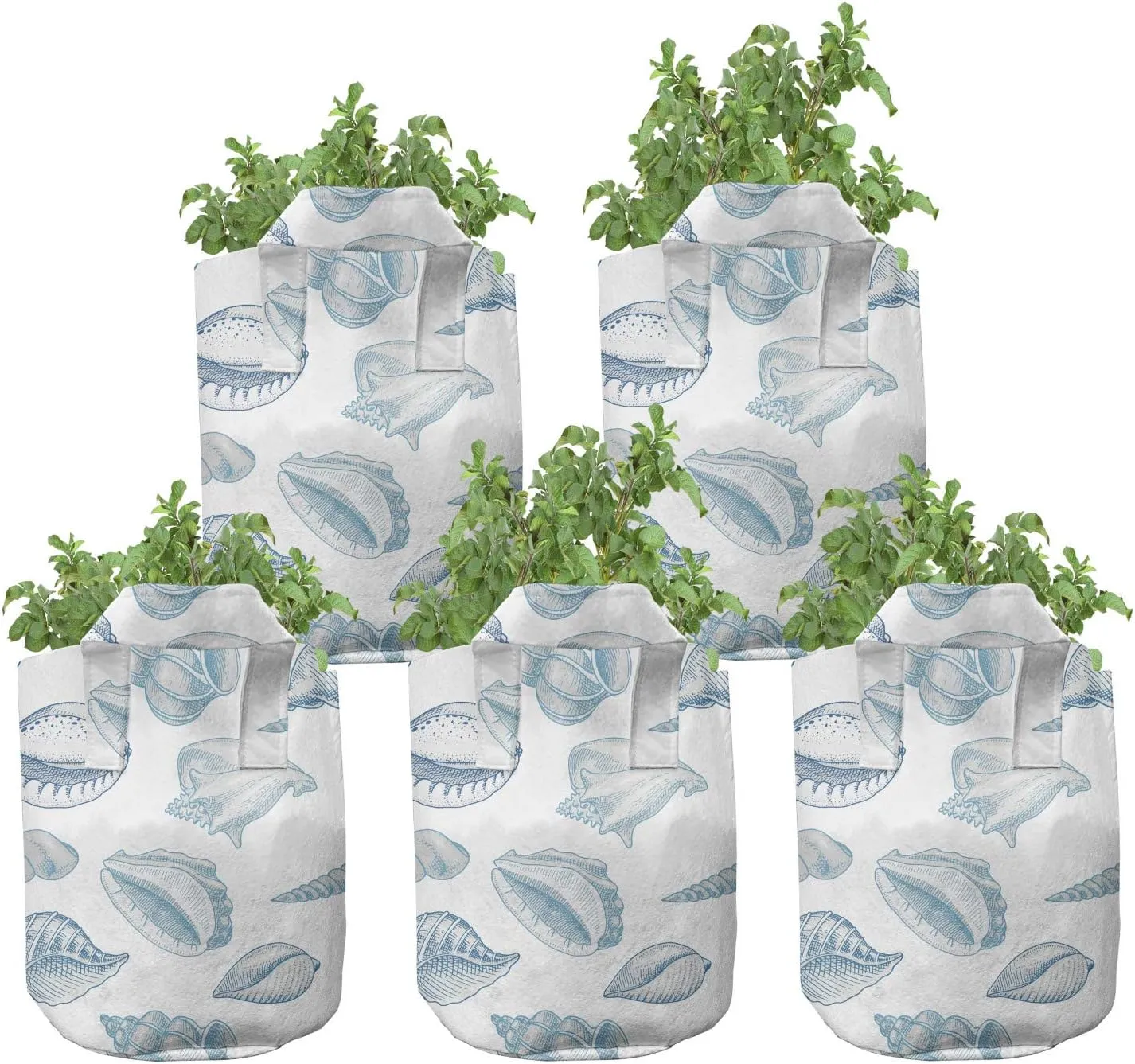 Lunarable Nautical Grow Bags 5-Pack, Soft Toned Marine Animals, Heavyduty Fabric Pots with Handles for Plants, Blue White