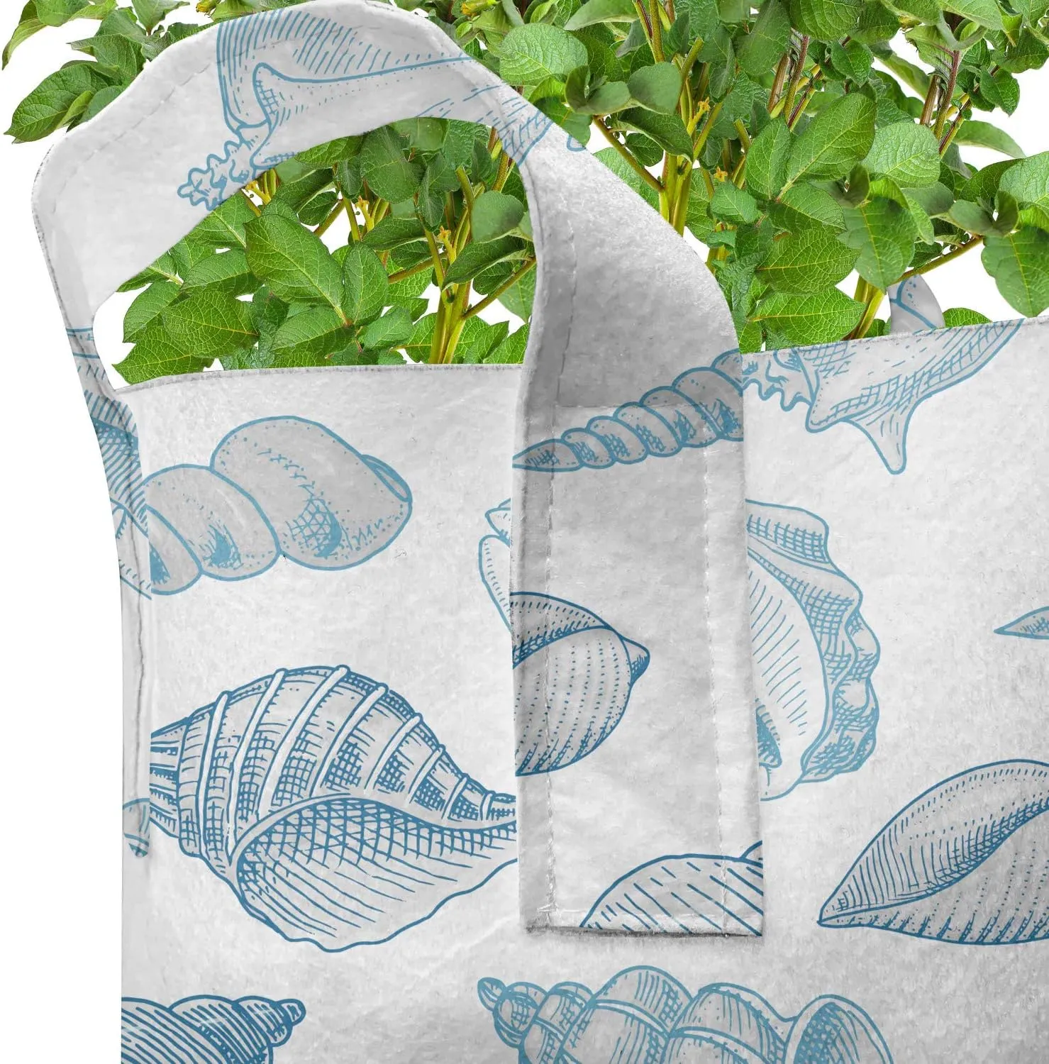 Lunarable Nautical Grow Bags 5-Pack, Soft Toned Marine Animals, Heavyduty Fabric Pots with Handles for Plants, Blue White