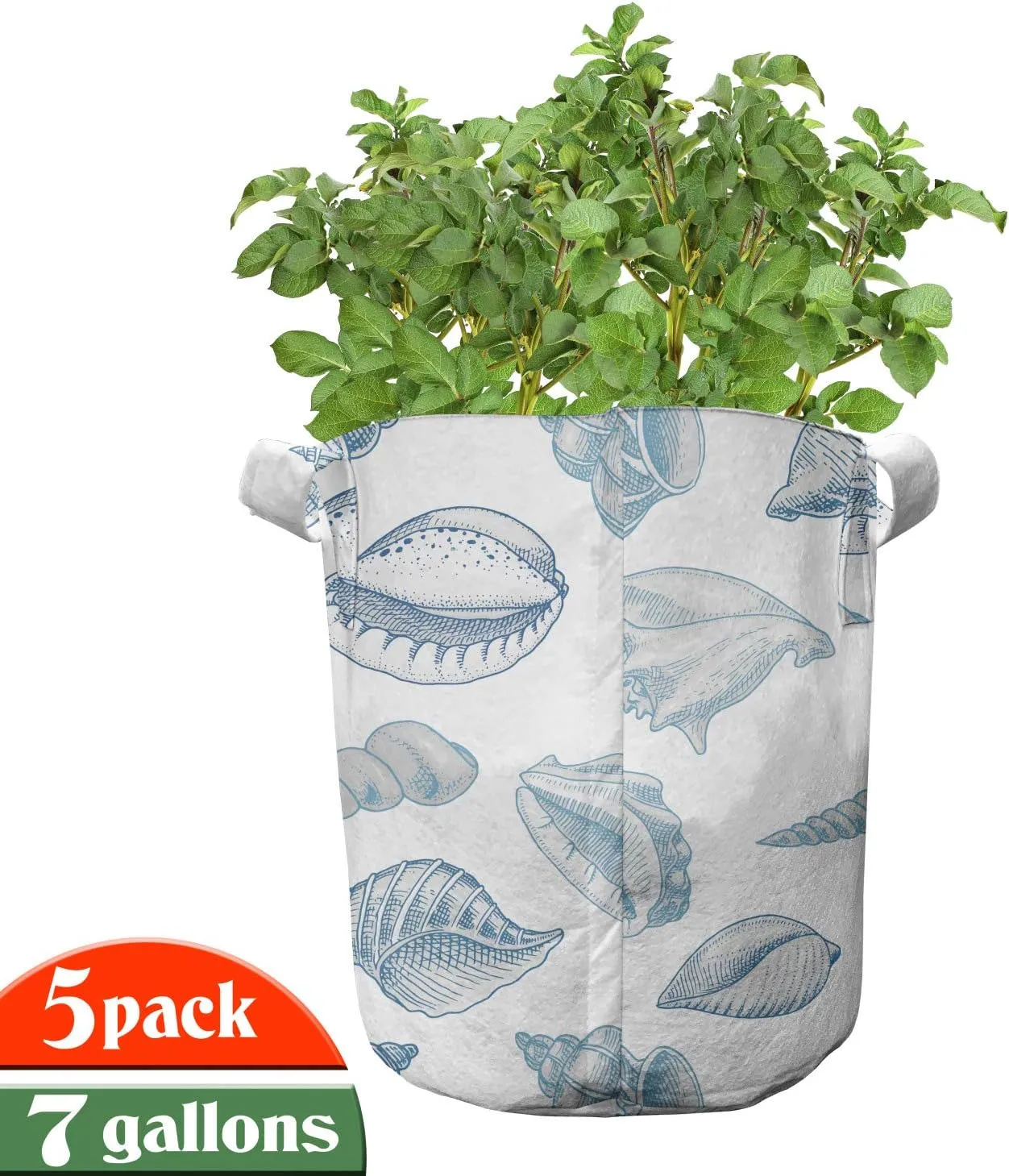 Lunarable Nautical Grow Bags 5-Pack, Soft Toned Marine Animals, Heavyduty Fabric Pots with Handles for Plants, Blue White