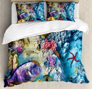 Lunarable Ocean Duvet Cover Set, Exotic Coral Reefs Fish Starfish Shallow Clean Lagoon Egyptian Red Sea Image, Decorative 3 Piece Bedding Set with 2 Pillow Shams, California King, Multicolor