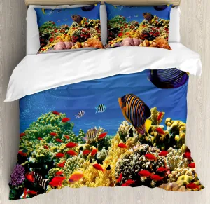 Lunarable Ocean Duvet Cover Set, Submerged Colorful Old Coral Colony Fishes at Tranquil Shallow Red Sea Image Print, Decorative 3 Piece Bedding Set with 2 Pillow Shams, California King, Multicolor