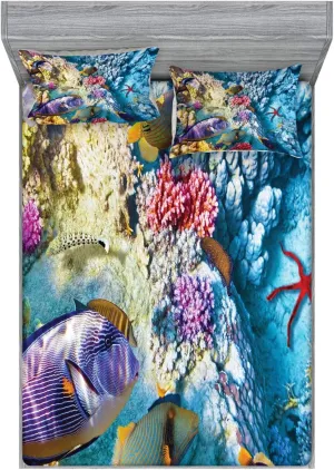 Lunarable Ocean Fitted Sheet & Pillow Sham Set, Exotic Coral Reefs Fish Starfish Shallow Clean Lagoon Egyptian Red Sea Image, Decorative Printed 2 Piece Bedding Decor Set, Calking, Multicolor
