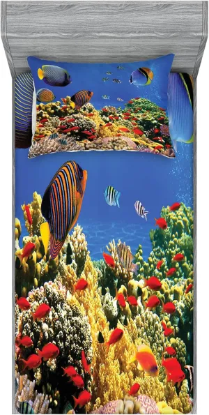 Lunarable Ocean Fitted Sheet & Pillow Sham Set, Submerged Colorful Coral Colony on Reef Exotic Fishes Tranquil Shallow Sea Picture, Decorative Printed 2 Piece Bedding Decor Set, Twinxl, Multicolor
