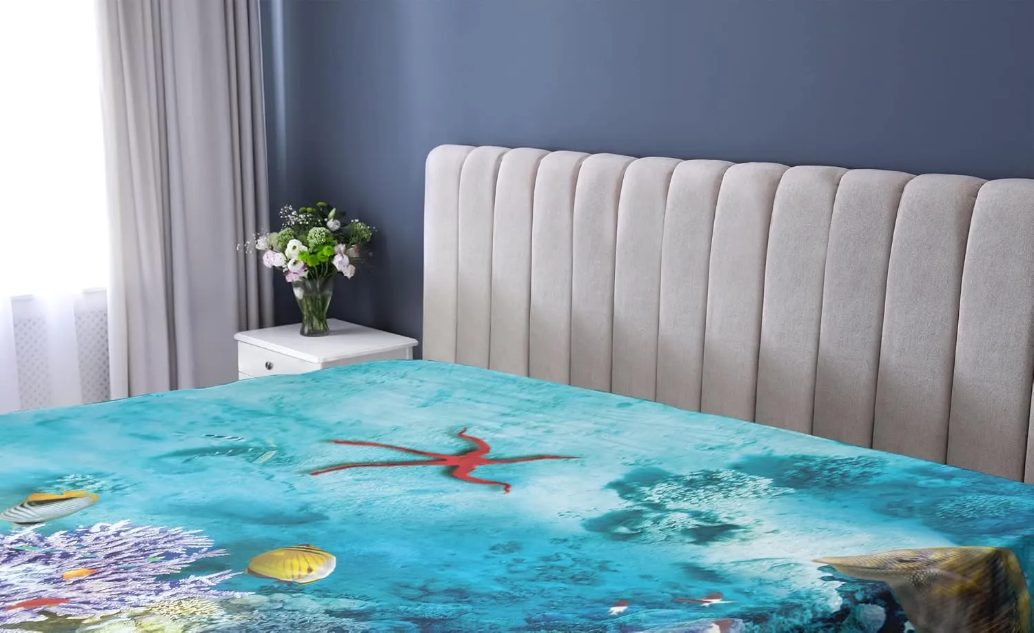 Lunarable Ocean Fitted Sheet, Corals Fishes Jellyfish Scatefish Starfish in Shallow Underwater, Bed Cover with All-Round Elastic Deep Pocket for Comfort, Twin Size, Pale Blue Purple