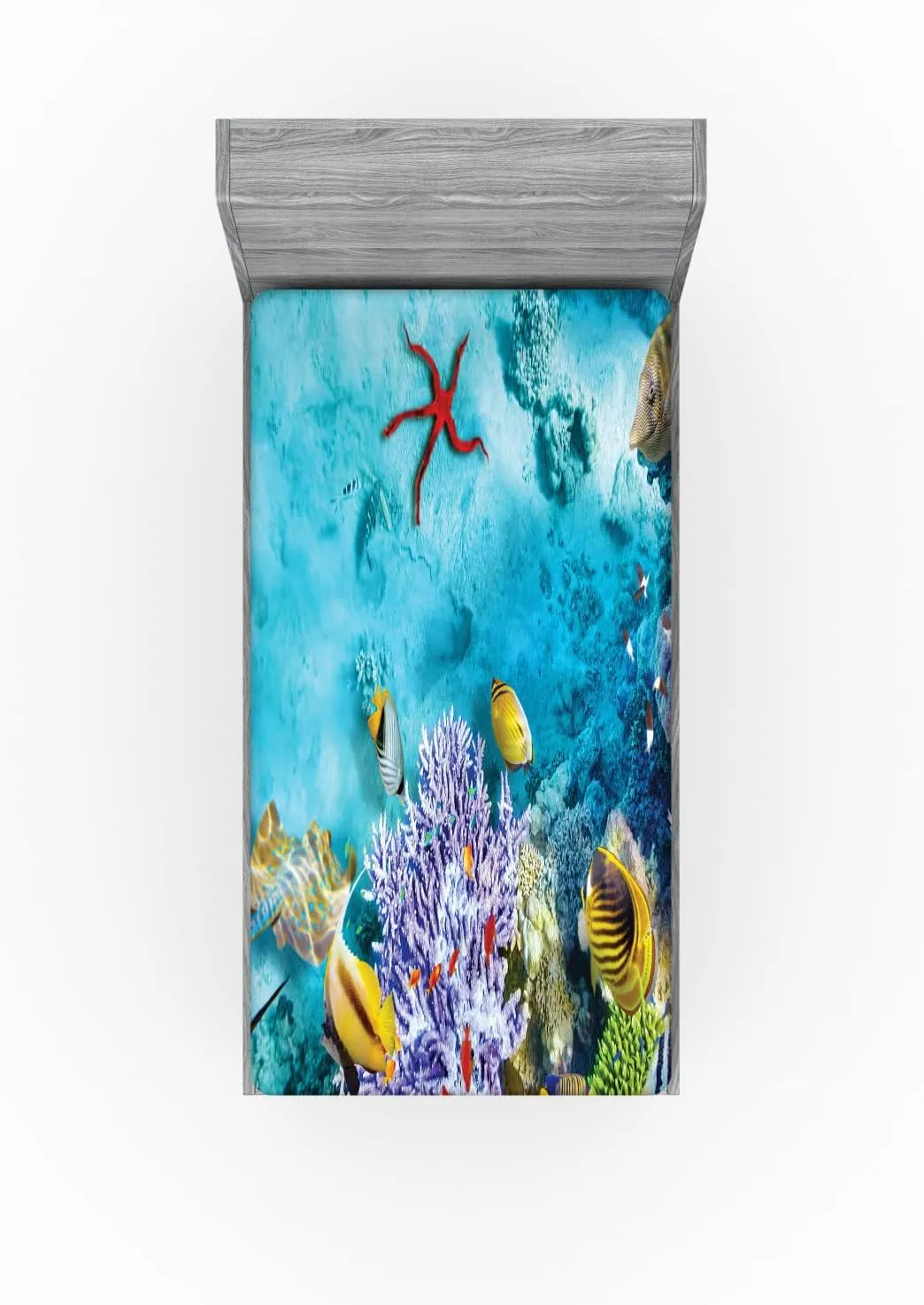 Lunarable Ocean Fitted Sheet, Corals Fishes Jellyfish Scatefish Starfish in Shallow Underwater, Bed Cover with All-Round Elastic Deep Pocket for Comfort, Twin Size, Pale Blue Purple