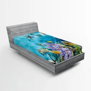 Lunarable Ocean Fitted Sheet, Corals Fishes Jellyfish Scatefish Starfish in Shallow Underwater, Bed Cover with All-Round Elastic Deep Pocket for Comfort, Twin Size, Pale Blue Purple