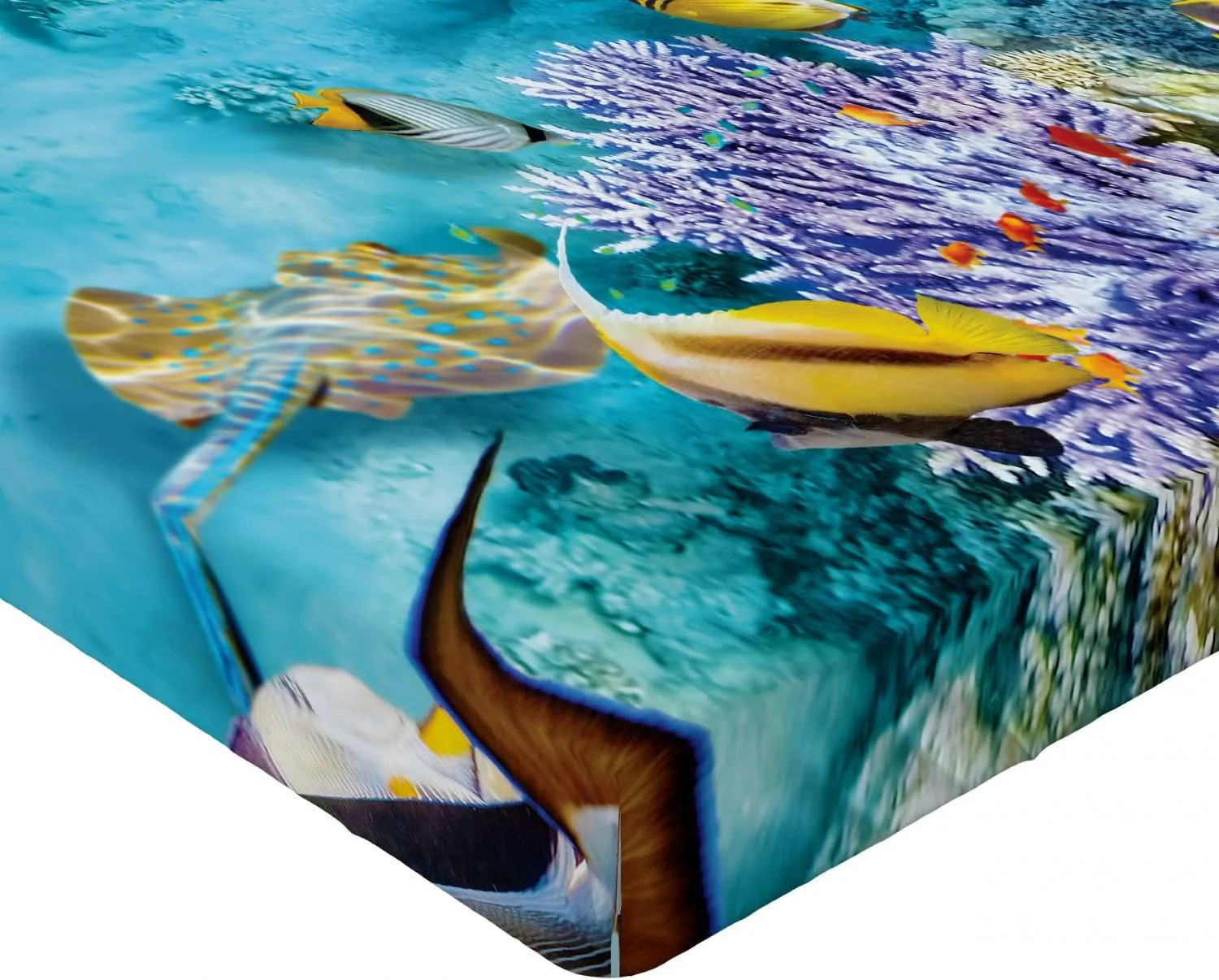 Lunarable Ocean Fitted Sheet, Corals Fishes Jellyfish Scatefish Starfish in Shallow Underwater, Bed Cover with All-Round Elastic Deep Pocket for Comfort, Twin Size, Pale Blue Purple