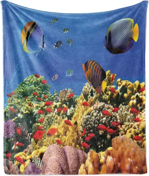 Lunarable Ocean Throw Blanket, Submerged Colorful Old Coral Colony Fishes at Tranquil Shallow Red Sea Image Print, Flannel Fleece Accent Piece Soft Couch Cover for Adults, 50" x 60", Multicolor