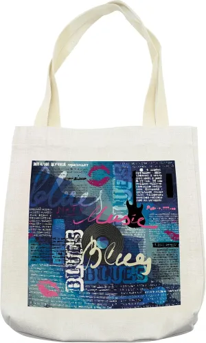 Lunarable Old Newspaper Tote Bag, Vibrant Collage Blues Genre Elements Guitar Record Hand Writing Kisses Love, Cloth Linen Reusable Bag for Shopping Books Beach and More, 16.5" X 14", Cream