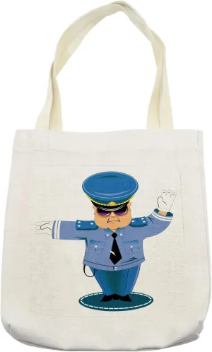 Lunarable Police Tote Bag, Serious Traffic Cop Standing at the Crossroads Giving Directions Cartoon Character, Cloth Linen Reusable Bag for Shopping Books Beach and More, 16.5" X 14", Cream