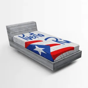 Lunarable Puerto Rico Fitted Sheet, Hand Drawn Flag and Lettering Weathered Background, Bed Cover with All-Round Elastic Deep Pocket for Comfort, Twin Size, Grey Vermilion