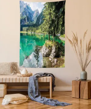 Lunarable Rustic Tapestry Twin Size, Alpine Lake Laghi di Fusine Forest Rocks Mountain Landscape, Wall Hanging Bedspread Bed Cover Wall Decor, Twin Size, Jade Green Pale Blue