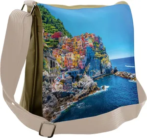 Lunarable Scenery Art Messenger Bag, Mediterranean Village, Unisex Cross-body