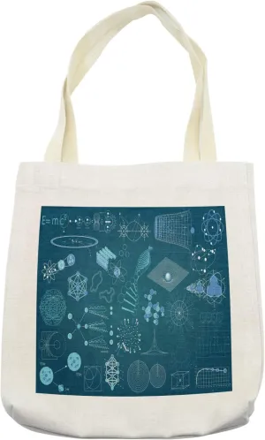 Lunarable Science Tote Bag, Scientific Method Themed Blue Toned Design Atom Module Dna and Graphs, Cloth Linen Reusable Bag for Shopping Books Beach and More, 16.5" X 14", Cream