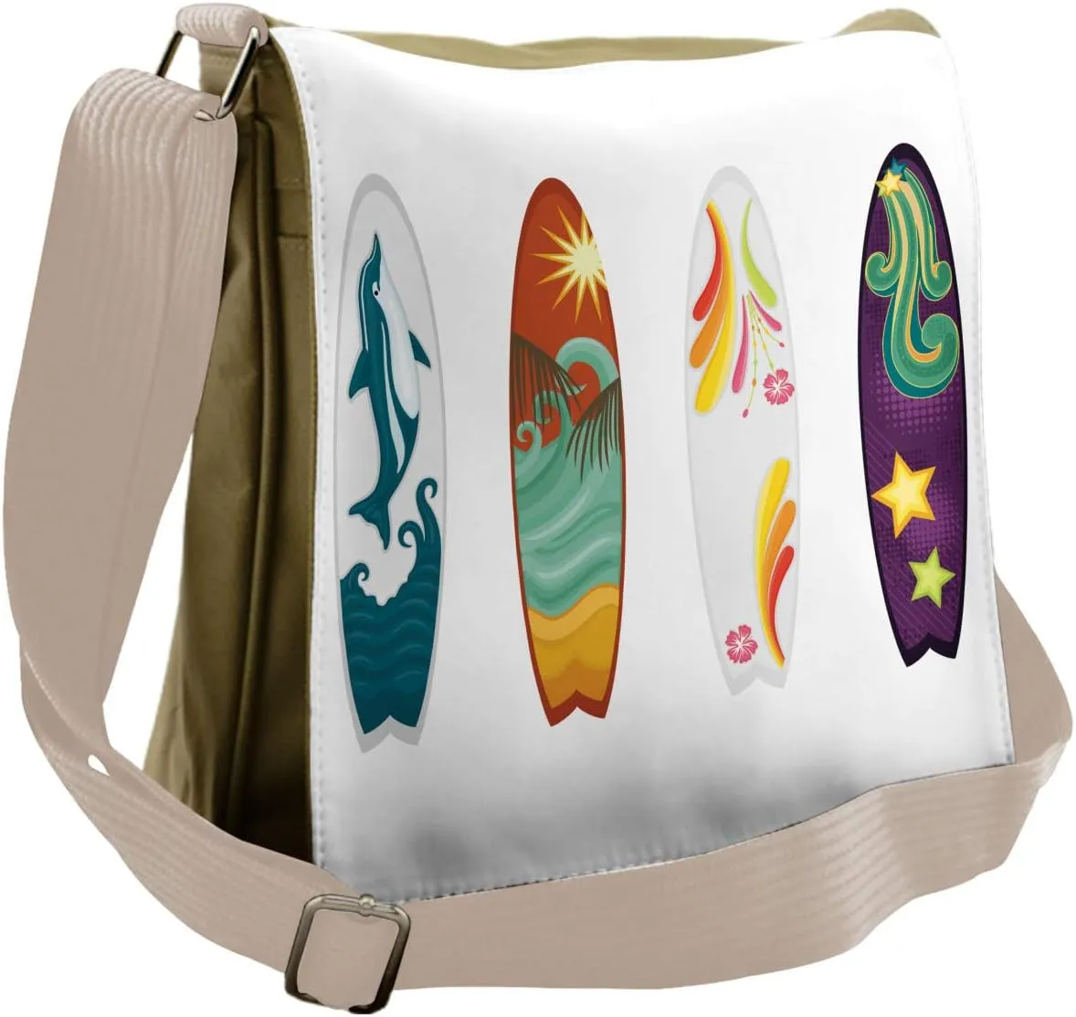 Lunarable Surfboard Messenger Bag, Retro Board Dolphin Image, Unisex Cross-body
