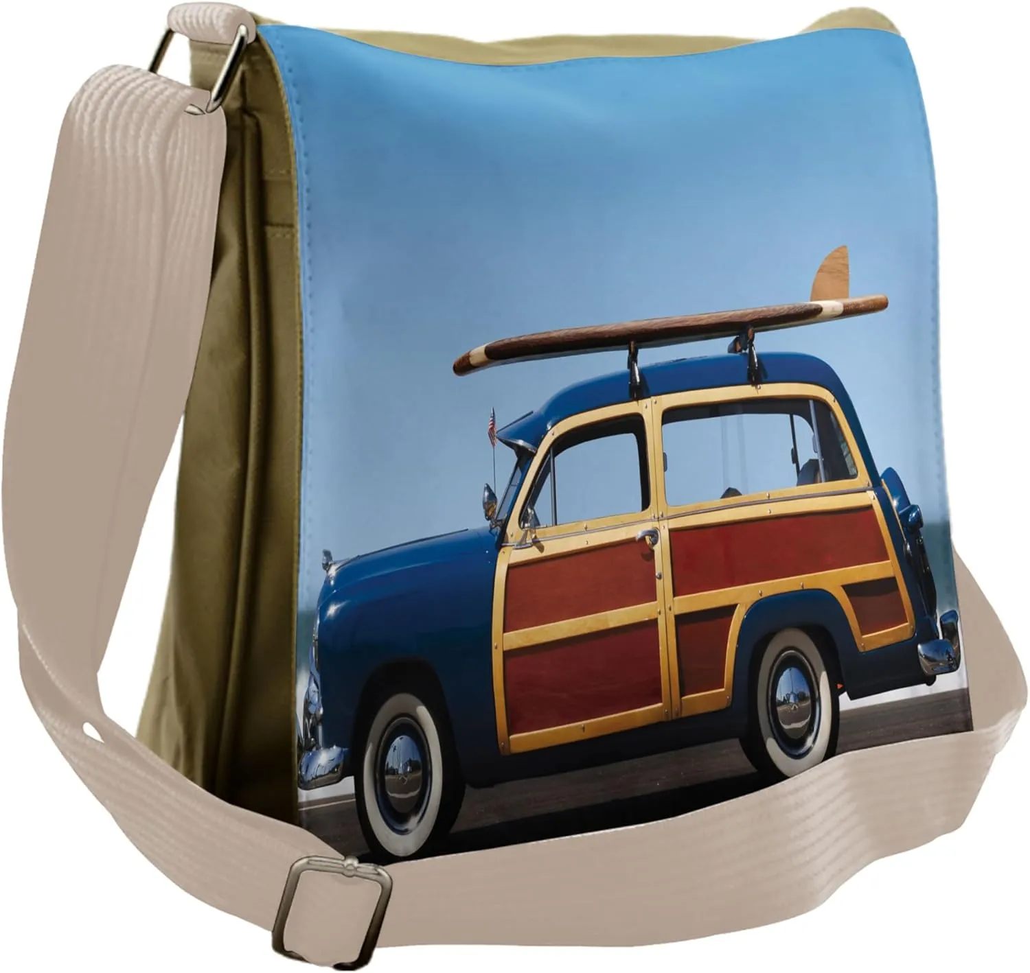 Lunarable Surfboard Messenger Bag, Side View Woody Car Road, Unisex Cross-body