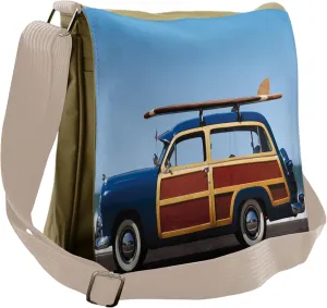 Lunarable Surfboard Messenger Bag, Side View Woody Car Road, Unisex Cross-body