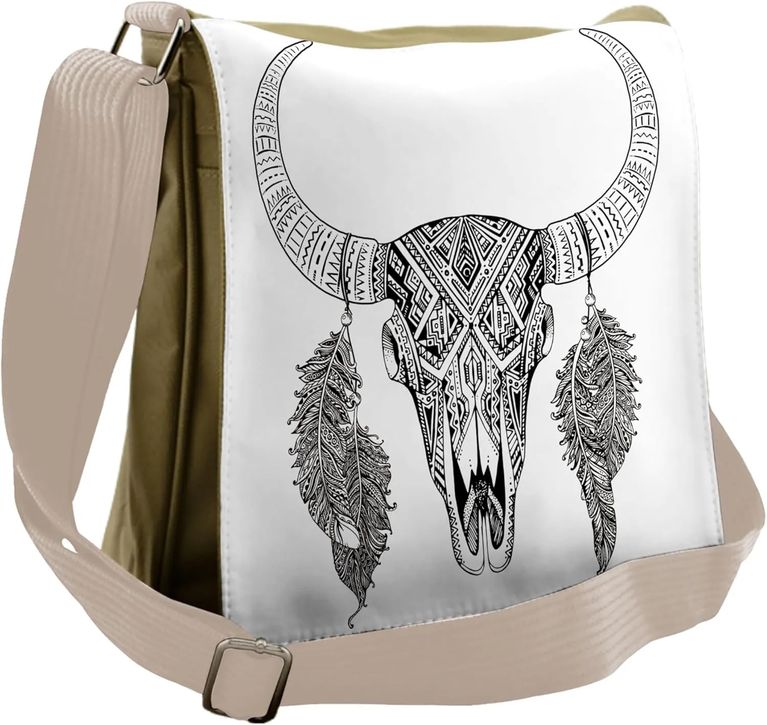 Lunarable Tribal Messenger Bag, Bull Skull with Feathers, Unisex Cross-body