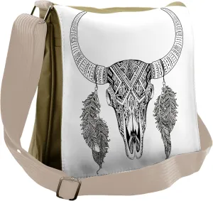Lunarable Tribal Messenger Bag, Bull Skull with Feathers, Unisex Cross-body