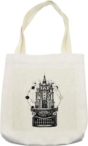 Lunarable Typewriter Tote Bag, Imaginary Magic Castle on Celestial Background Surrealistic Art, Cloth Linen Reusable Bag for Shopping Books Beach and More, 16.5" X 14", Cream