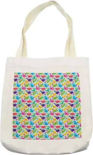 Lunarable Velociraptor Tote Bag, Prehistoric Abstract Colorful Dinosaurs and Eggs Repetition, Cloth Linen Reusable Bag for Shopping Books Beach and More, 16.5" X 14", Cream