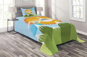 Lunarable Vintage Airplane Coverlet, Cartoon Style Aircraft Flying Over The Mountains in Open Sky Illustration, 2 Piece Decorative Quilted Bedspread Set with 1 Pillow Sham, Twin Size, Multicolor