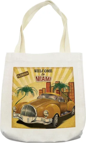 Lunarable Vintage Tote Bag, Welcome to Miami Above Nostalgic Car with Palm Trees and Urban Apartment Patterns, Cloth Linen Reusable Bag for Shopping Books Beach and More, 16.5" X 14", Dark Yellow