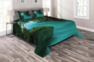Lunarable Waterfall Coverlet, Tolminka Alpine River Water and Caves Exotic Nature Travel Picture, 3 Piece Decorative Quilted Bedspread Set with 2 Pillow Shams, King Size, Turquoise Dark Green