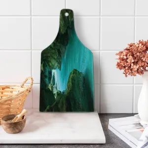 Lunarable Waterfall Cutting Board, Tolminka Alpine River Water and Caves Exotic Nature Travel Picture, Decorative Tempered Glass Cutting and Serving Board, Wine Bottle Shape, Turquoise Dark Green