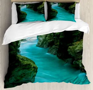 Lunarable Waterfall Duvet Cover Sets, Tolminka Alpine River Water and Caves Exotic Nature Travel Picture, Bedding Set with 2 Duvet Covers 4 Pillowcases, 2 Pack Cal King Size, Turquoise Dark Green