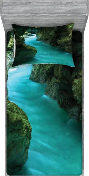 Lunarable Waterfall Fitted Sheet & Pillow Sham Set, Tolminka Alpine River Water and Caves Exotic Nature Travel Picture, Decorative Printed 2 Piece Bedding Decor Set, Twin, Turquoise Dark Green